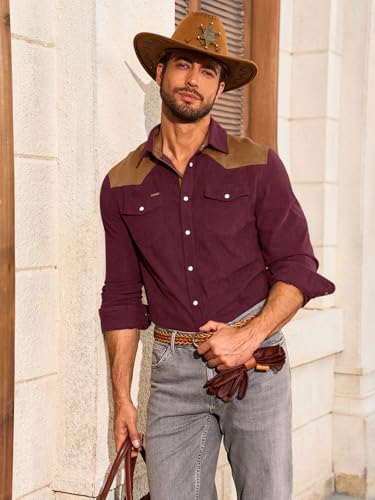 Image of Yousify Mens Western Cowboy Shirt Retro Corduroy Shirts with Pockets | Long Sleeve, Button Down, Vintage Snap Shirt, Country Shacket Jackets