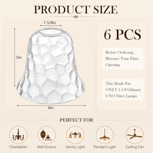 Image of Teenyyou 6 Pcs Clear Hammered Bell Shaped Glass Lamp Shade Replacement | Globe Ceiling Fan Light Cover with 1-5 /8'' (42mm) Fitter for Chandelier Wall Sconce Pendant Light Bathroom Vanity Fixture