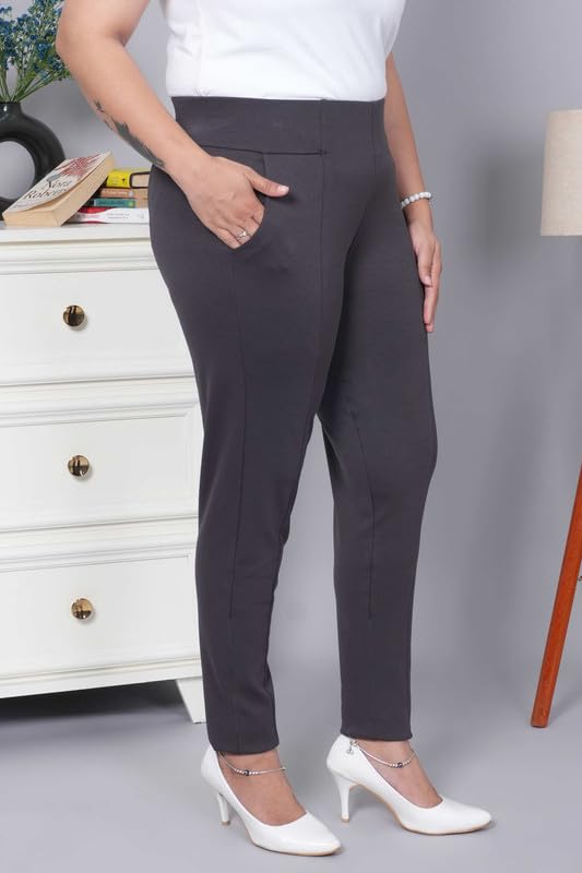 Image of Mlada Women's Solid Cotton Lycra High Waist Ankle Length Tummy Tucker Jeggings Trouser with 2 Side Pockets | Office Wear Summer Pants | Regular Fit, Stretchable, Comfortable & Stylish Everyday Bottoms
