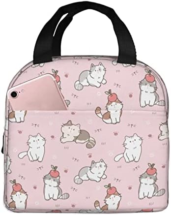 Echoserein Cute Cartoon Cat Pink Lunch Bag Kawaii Insulated Lunch Box Reusable Lunchbox Waterproof Portable Lunch Tote For Women Girls