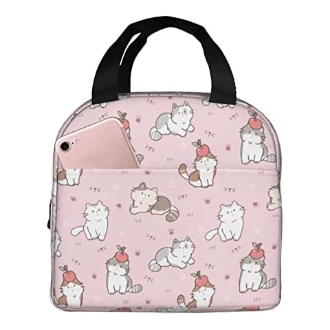 Echoserein Cute Cartoon Cat Pink Lunch Bag Kawaii Insulated Lunch Box Reusable Lunchbox Waterproof Portable Lunch Tote For Women Girls Cover