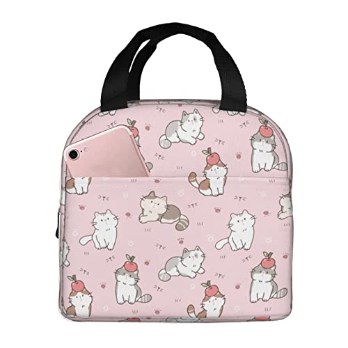 Hulnulnu Cute Cartoon Cat Pink Insulated Lunch Bag Reusable Lunch Box Portable Cooler Lunch Boxes Waterproof Lunch Tote for Picnic Office Work