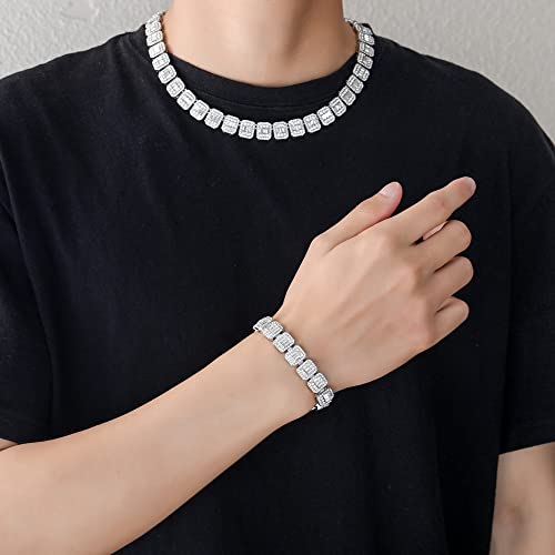 Apzzic 13Mm Bling Iced Out Cubic Zirconia Baguette Diamond Round Clustered Hip Hop Gold Plated Tennis Chain Bracelet For Men Women Silver 7Inch #TOP4