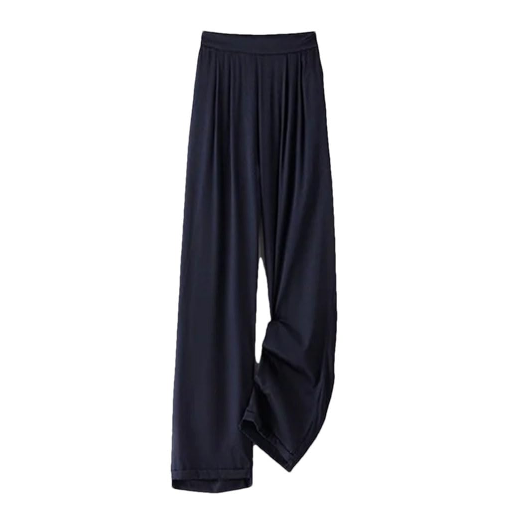 Womens Mulberry-Silk Pants with Elastic Flat Waist Pocket Casual Loose Fit Wide Leg Pants