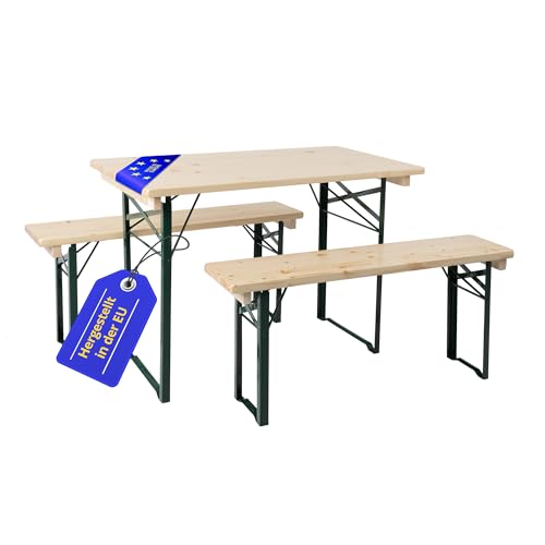 Stagecaptain BBEU-110NT Hirschgarten Bierzeltgarnitur für Balkon - Kurze Version mit 110 cm Länge - Klappbare Festzeltgarnitur 1x Tisch 2X Bank - Sitzgarnitur aus Holz - Innen & Außenbereich - Natur