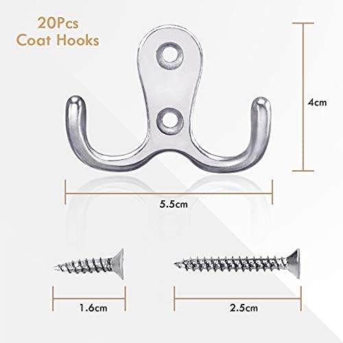 Gorffy Door Hooks 20 Pcs, Double Coat Hooks with 80 Screws, Retro Silver Coat Hooks for Door & Wall, Heavy Duty Metal Door Hooks Screw in for Hanging Robe, Towel, Coat, Bag & Hat (Silver, 20 Pcs)