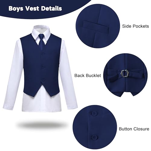 Fersumm Boys Vest Set Formal Suit Tuxedo Pants Shirt and Tie Toddler Slim Fit 4 Piece Suits Blue Size 2T — view 4