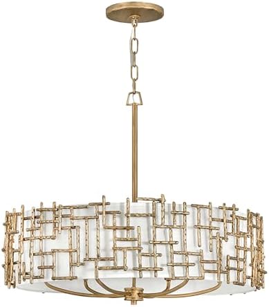 Fredrick Ramond Farrah Medium Drum Chandelier - Six Light, Hand Hammered Crosshatch Bars, White Linen Shade, Hand Painted - Burnished Gold Finish