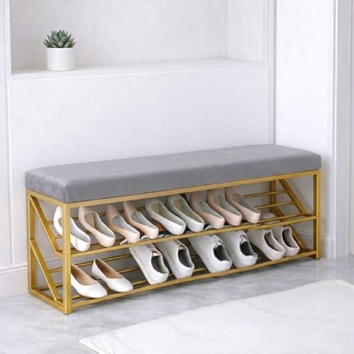 Image of Entryway Shoe Rack with Cushioned Seat, Shoe Bench for Entry, 2 Shelves Storage Bed Bench