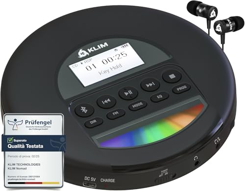 KLIM Nomad - Lettore CD Portatile - Batteria a Lunga Durata - Include Auricolari KLIM Fusion - Compatibile con CD-R, CD-RW, MP3 - Lettore SD, Radio FM, Bluetooth - Ideale per Auto - Hi-Fi - NUOVO