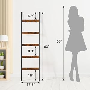 ELYKEN Blanket Ladder for Living Room Farmhouse 5 Tier Quilt Holder with 4 Removable Hooks for Bathroom Wood Towel Rack Display Wall Anchor Leaning Decorative Stand for Home Decor Rustic Brown