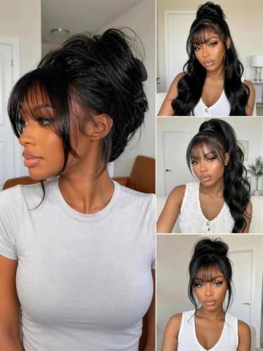 Image of 13x4 Glueless Human Hair Wig Body Wave with Curtain Bangs 18 Inch | Bye Bye Slip HD Lace Front Wigs Human Hair Pre Cut Pre Plucked Bleached Knots Bangs Drawstring Cap Ready to Wear 150% Density
