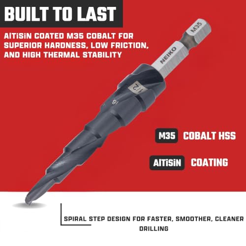 Image of NEIKO 10605B Step Drill Bit, 6 Steps 3 /16 inch to 1 /2 inch Spiral M35 Cobalt, AlTiSiN Coated, 1 /4 inch Quick Change Step Bits for Steel, Metal, Wood, Plastic, Unibit Cone Drill Bits, Two Flute
