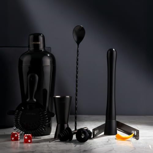 Image of Car-O-Bar Bar Set with Glasses Gift Set | 12 Pieces Black Bartender Kit:Cocktail Shaker, Bar Spoon, Jigger, Muddler, Strainer, Wine & Beer Bottle Opener, 2 Pour Spouts, Tong, Set of 2 Whiskey Glasses