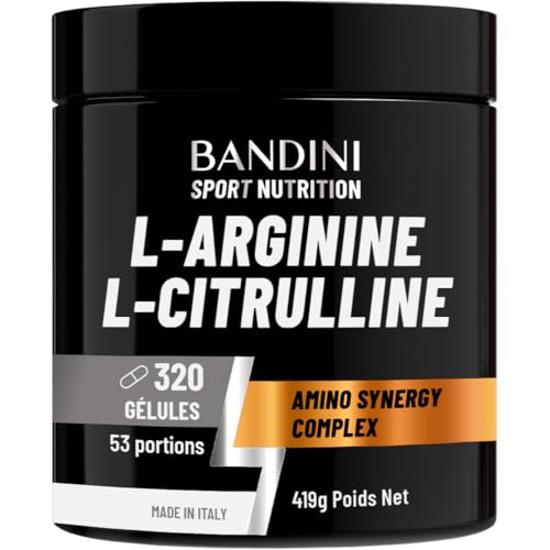 Bandini® L-Arginine + L-Citrulline 320 gélules (1100 mg par gélule), Arginine + Citrulline Malate, Complément pour Preworkout, Gym, Endurance, Récupération Musculaire, Acides Aminés Semi-Essentiels