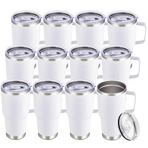 Image of 30 oz Stainless Steel Tumblers Bulk with Handle and Lid, 12 Pack | Powder Coated, Double Wall Vacuum Insulated, Leak Proof Lid, Keep Drinks Cold and Hot, for office, party, camping, White