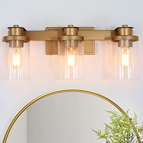 Image of KSANA Bathroom Vanity Light Fixture, 3-Light Gold With Seedy Glass Shade for Hallway (20.5'' x 6.5'' x 8'')