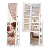 SONGMICS Schmuckschrank mit Ganzkörperspiegel, Schmuckaufbewahrung, Spiegelschrank mit 4 Ablagen, integrierte LED-Beleuchtung, 360° drehbar, Schlafzimmer, Ankleidezimmer, Flur, wolkenweiß JJC027WH01