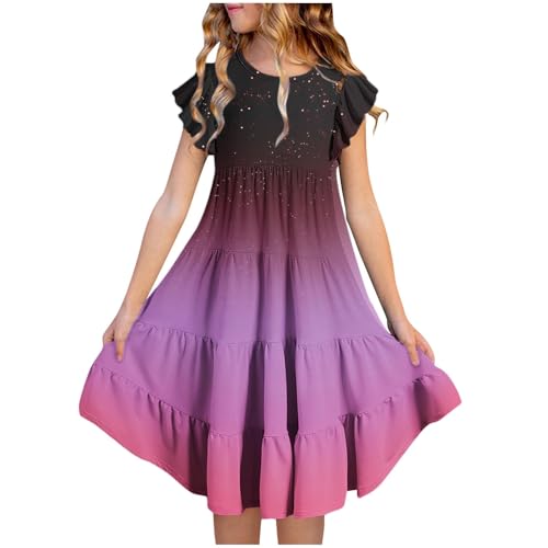 KQIVAM Mädchen Baumwolle Sternenhimmel Farbverlauf Fliegender Ärmel Kleider Sommer Freizeit Kurzarm Knielang Kleid Kurzarm Sommerkleid Strandkleid...