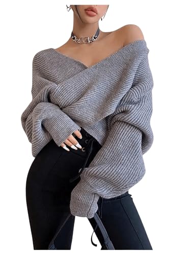 Verdusa Women's Criss Cross Wrap Sweater V Neck Long Sleeve Drop Shoulder Fall Knit Tops