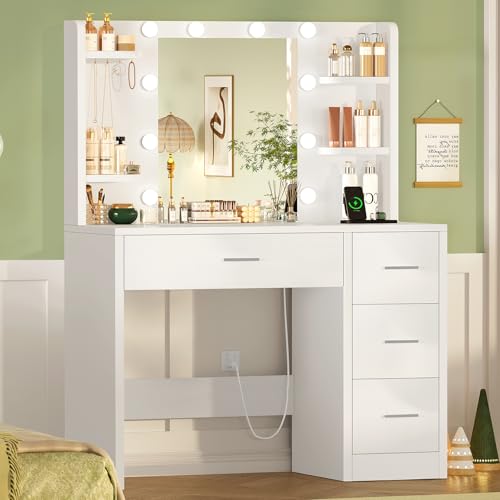 Image of Quimoo Vanity Desk with Mirror and Lights, Makeup Vanity with Power Outlet and 4 Drawers & 6 Shelves & 5 Hooks, 3 Color Modes & Adjustable Brightness, White Vanity for Bedroom