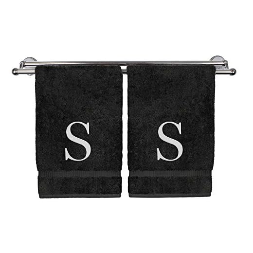 Monogrammed Hand Towel, Personalized Gift, Set of 2- White Block Letter Embroidered Towel - Extra Absorbent 100% Turkish Cotton - Soft Terry Finish - Initial S Black