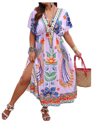 Image of Floerns Women's Plus Size Tribal Print Dolman Sleeve Slit Summer Maxi A Line Dress