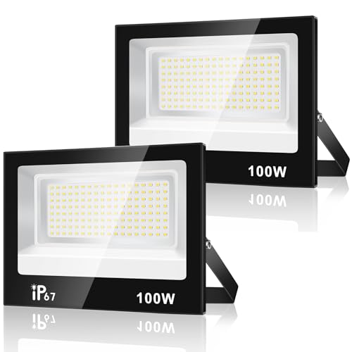 URTBST 100W Focos Led Exterior,10000LM Foco Proyector,7000K Blanco Frío Foco,IP67 Impermeable Super Brillante Proyector Exterior para Garaje,Terraza,Jardín,Patio (2 Piezas)