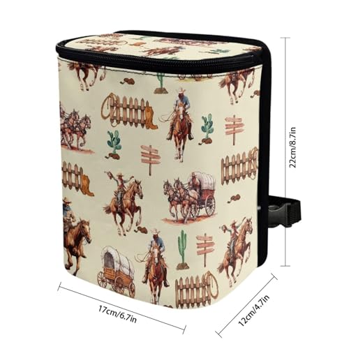 Image of Western Cowboy Car Trash Can Southwest Aztec Native Cow Mini Auto Garbage Bin with Lid Leak Proof Hanging Car Rubbish Bags Automotive Organizer Accessory for Back Front Seat