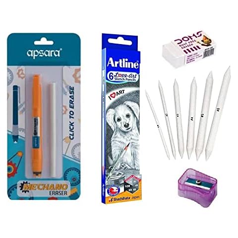 PERFECT CHOICE ARTLINE Love -Art 6 sketch Pencils -Pack of 1 (6 PENCILS) + Mechano Eraser (Pack of 1) +Blending/Smudging Stumps Set of 6 (Size 1 to 6) + Dust Free ART Eraser + PENCIL SHARPNER.. Cover