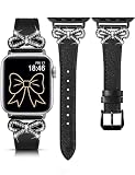 コンパチブル Apple Watch バンド 本革製 レディース レザーベルト 交換ベルト リボン柄 キラキラ アップルウォッチ バンド 49/46/45/44/42mm かわいい 女性 iWatch Ultra 2/S10/9/8/7/6/5/4/3/2/1/SEに対応 入学/バレンタインデー/誕生日プレゼント ブラック+ブラック