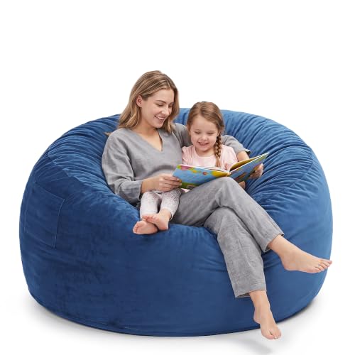 Image of Kromax Bean Bag Chair with Filling Included, Large 4FT Comfy Bean Bag Chairs for Adults, Teens, Memory Foam, Machine Washable Thick Dutch Velvet Cover, for Living Room, Den, or Bedroom, Blue
