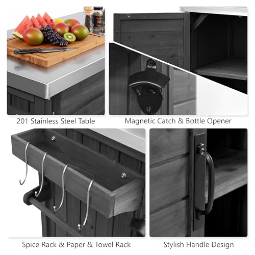 Image of Merax 78.3 inch Outdoor Kitchen Island with Foldable Grill Table, Wooden Outdoor Grill Cart with Trash Can Storage & Stainless Steel Top, Outdoor Bar Cart, Pizza Oven Table for Lawn & Garden, Black