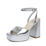 Modatope Modatop Platform Sandals for Women Silver Platform Heels Open Toe Ankle Strap Sandals Platform Chunky Heels Pumps Heeled Sandals Size 7.5