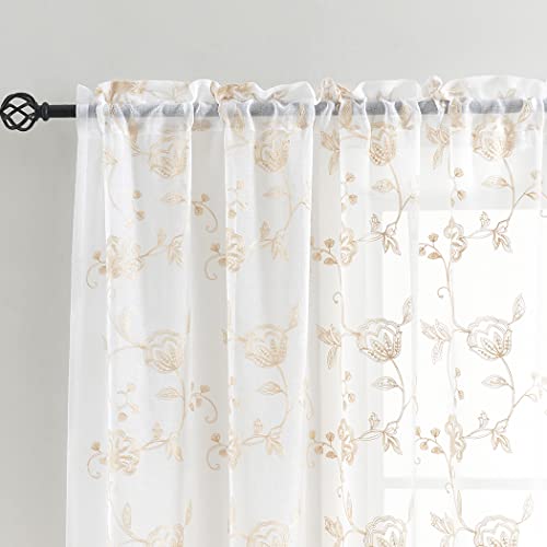 Image of Beige Sheer Curtains Embroidery 63 Inch Length Rod Pocket Voile Drapes for Living room, Bedroom, Window Treatments Semi Flower Pattern Curtain Panels for Kitchen, Yard, Farmhouse, Set of 2, 52 inchx 63 inch.