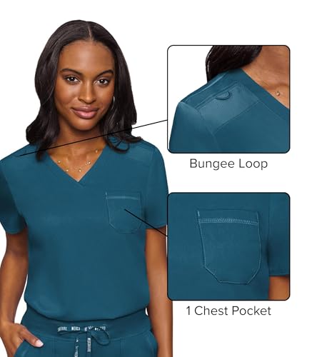 Image of Med Couture Women's V-Neck Scrub Top, Modern Fit Tuck-in Top with Stretchy Rib-Knit Shoulders and Chest Pocket - MC7448