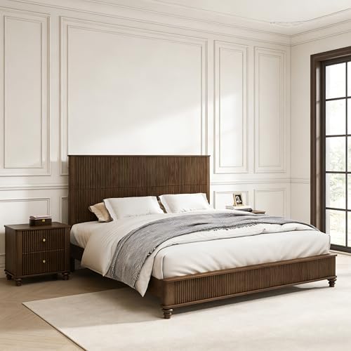 SABAITEC King Size Solid Wood Platform Bed Frame, Wood Platform Bed Frame with 79.13" Headboard, Solid Wood Leg/No Box Spring Needed/Noise Free/Brown
