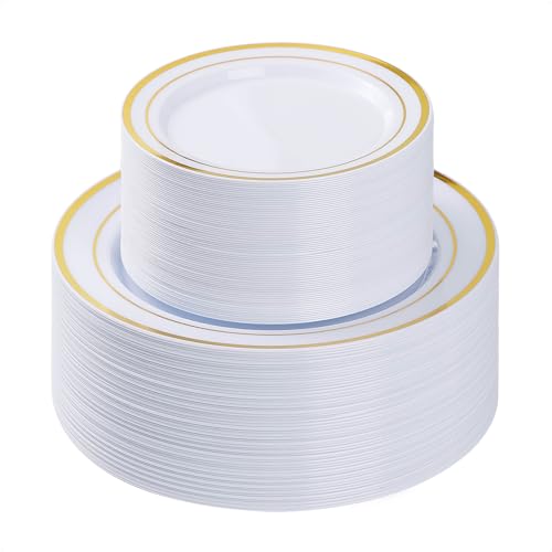 BESTVIP 100PCS Gold Plastic Plate, Disposable Party Plates with 50 Dinner Plates and 50 Dessert Plates, Plastic Plate for Parties, Wedding and Birthday