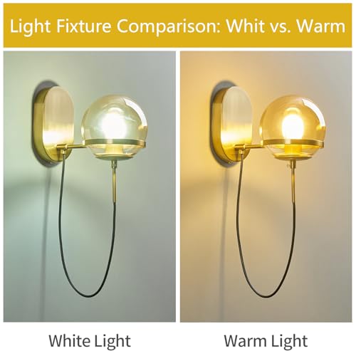 Image of Modern Amber Glass Wall Sconce Gold Wall Sconces Set of Two 5.51 in Glass Globe Wall Light Fixtures for Bedroom Bathroom Hallway Sconces Wall Lighting