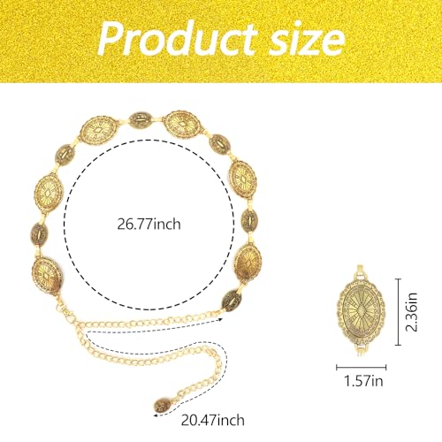 2Pcs Women's Concho Chain Belts, Adjustable Oval Metal Waist Chain Vintage Country Belts for Dress Jeans Decoration2