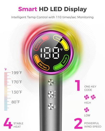 Image of High-Speed Hair Dryer with Diffuser, Ionic Blow Dryer, Gray | 160000 RPM for Fast Drying, Upgraded 3-Layer Motor Protection, Salon Hairdryer for Curly Straight Hair, LED Temp Display