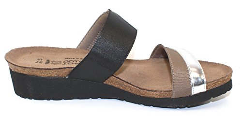 Naot Footwear Women's Frankie Sandal Silver Mirror Lthr/Gloss Black Stretch/Khaki Patina Elastic 7 M Us #TOP2
