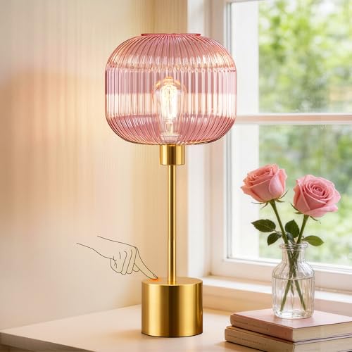 QiMH Glass Table Lamp for Living Room, Modern Bedside Lamp with Pink Ribbed Glass...