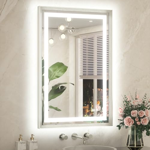 TETOTE 24 x 36 Bathroom LED Mirror Brushed Nickel Metal Frame Frontlit & Backlit Vanity Mirror Anti-Fog Stepless Dimmable 3 Colors White/Warm/Natural Mirror with Lights Wall-Mounted