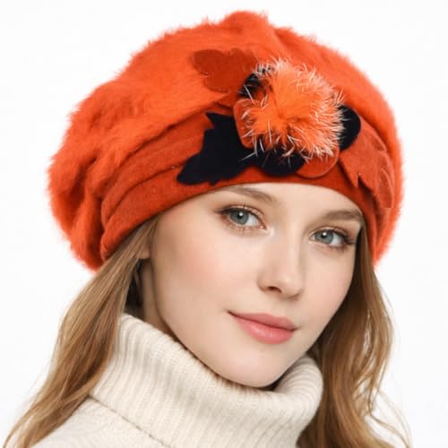 VECRY Lady French Beret 100% Wool Beret Floral Dress Beanie Winter Hat (Angola-Orange)