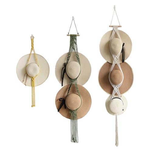 Lot de 3 Cintres en Macramé pour Chapeaux, Porte Casquette, Porte Casquette Mural, Organisateur pour Chapeaux Fedora à Large, Bohème à Suspendre au Mur...