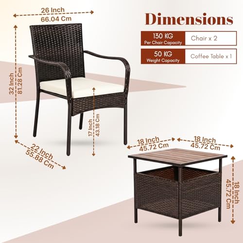 Image of DEVOKO Outdoor Wicker 3-Piece Patio Bistro Furniture Set with Wooden Top Coffee Table All Weather Rust Proof Metal Frame for Balcony, Garden,Terrace(Dark Brown & Cream)