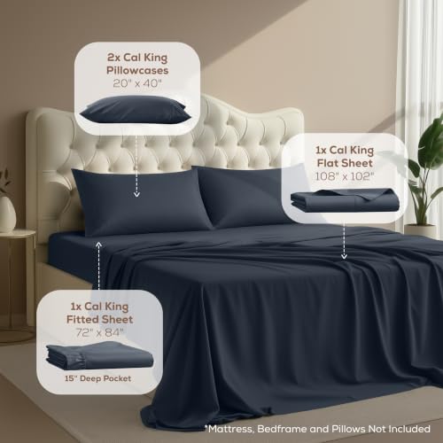 Image of California King Size Sheet Set - 4 Piece Bed Sheets, Soft and Breathable Microfiber, Includes 1 Fitted Sheet, 1 Flat Sheet and 2 Pillowcases - Oeko Tex (Navy)