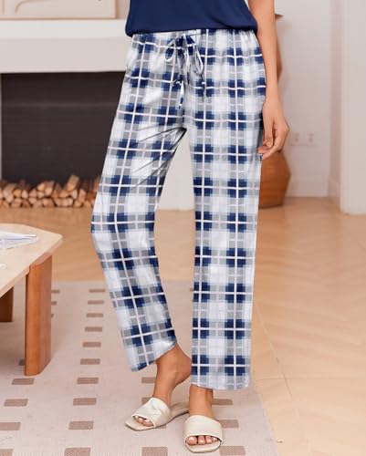 Image of Ekouaer Pajama Sets for Women Round Neck Pjs Short Sleeve Sleepwear with Long Pants Loose Lounge Sets