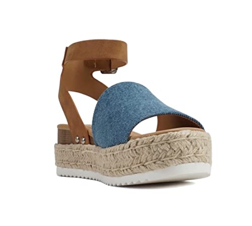 Image of Soda Topic Open Toe Buckle Ankle Strap Espadrilles Flatform Wedge Casual Sandal